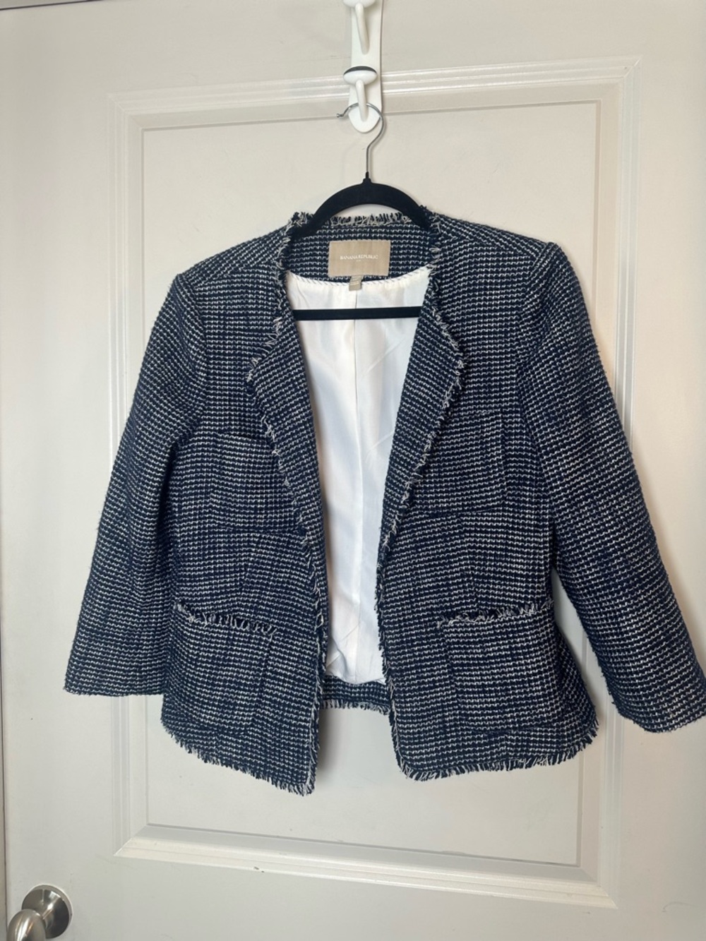 Banana Republic Blue/White Tweed Cotton Blend Open Blazer Lady Jacket, Size 12P